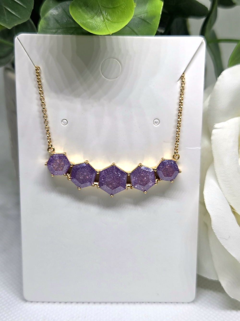 BP Gold Bar Necklace with Purple Hexagon Gemstones